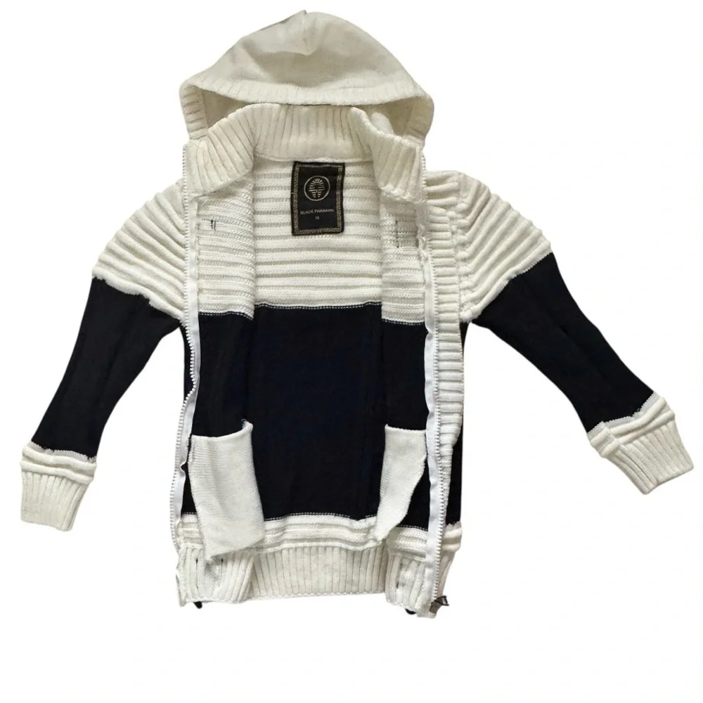 Black Pharaoh men’s heavy knit white black zip wool toggle hoodie sweater Sz M